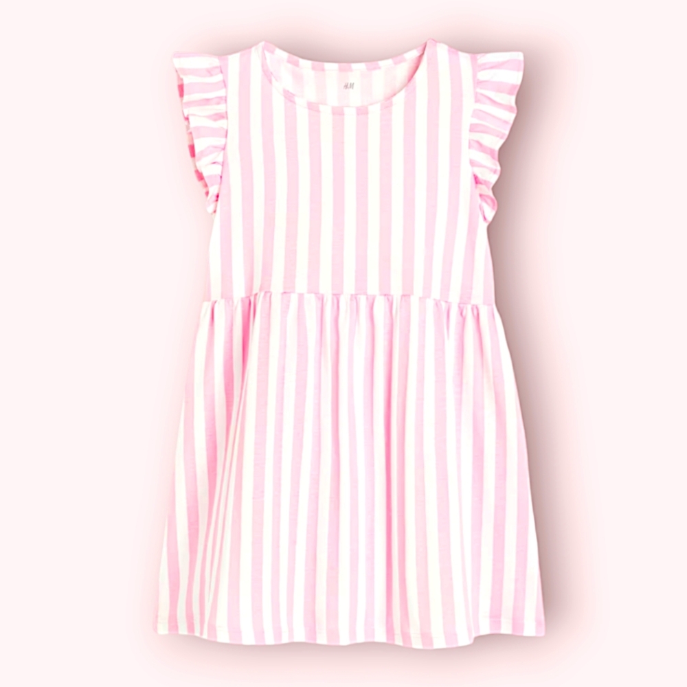 H&M Pink Stripes Flutter Sleeve dress 100% Cotton cute, Airy & sting free NWT